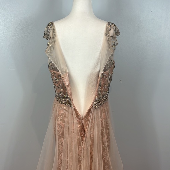 Tony Bowls Evenings Long Beaded Lace and Tulle Dress Gown - Picture 12 of 17